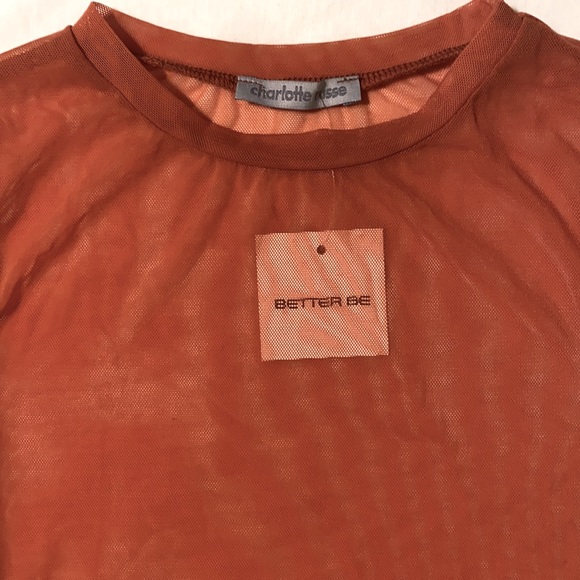 Sheer Mesh Orange Short Sleeve Crew Crop Top - Picture 3 of 6